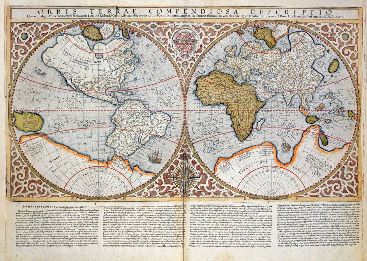 Double Hemisphere World Map, 1587 by Gerardus Mercator