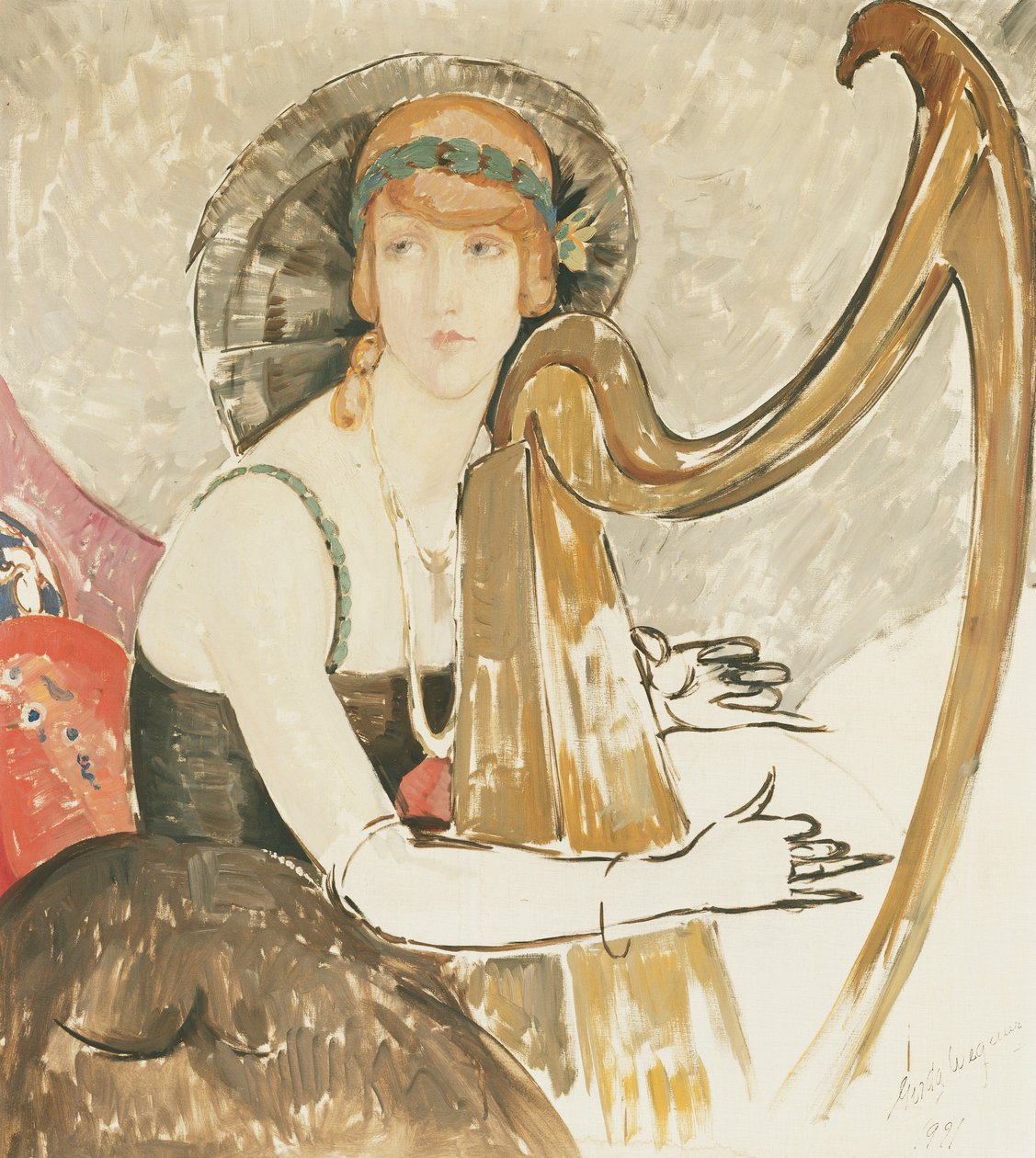 A Lady Playing a Harp by Gerda Marie Frederike Wegener