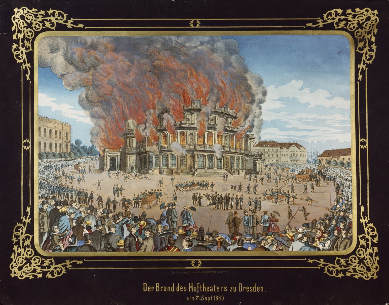 Fire at the Royal Theatre in Dresden on 21st September 1869 by German School