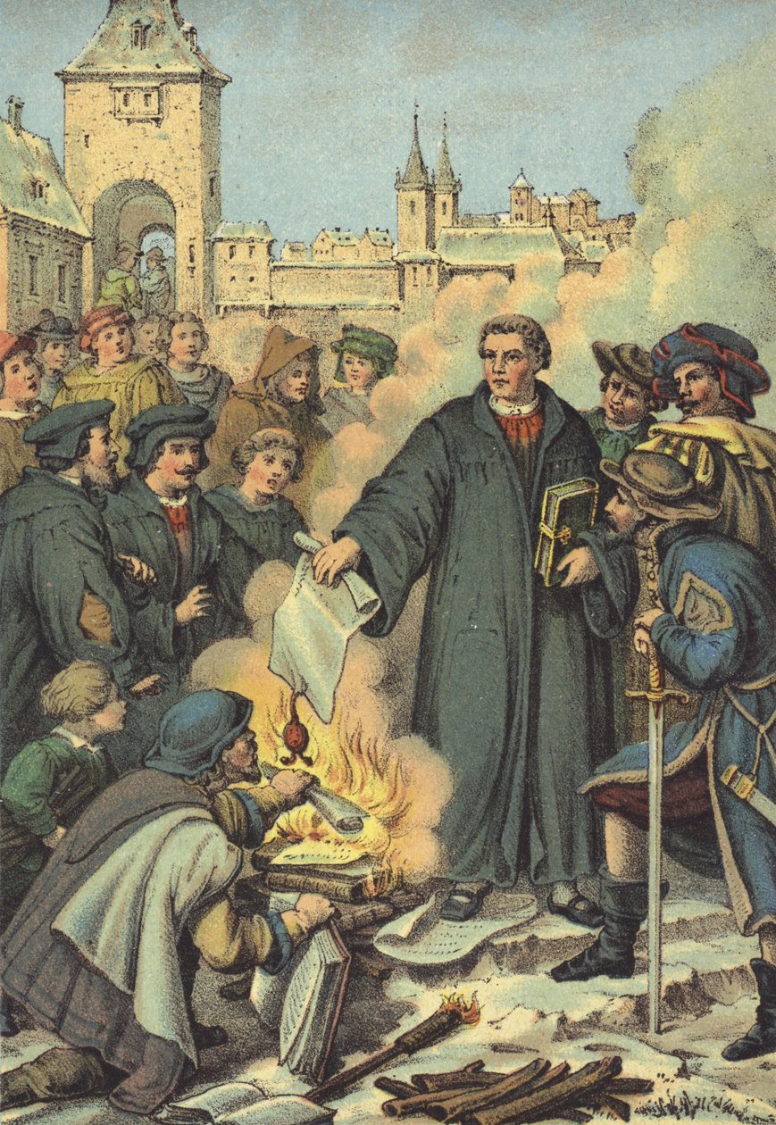 Luther sets fire to the Papal bulls, Wittenberg, 10 December 1520 by German School