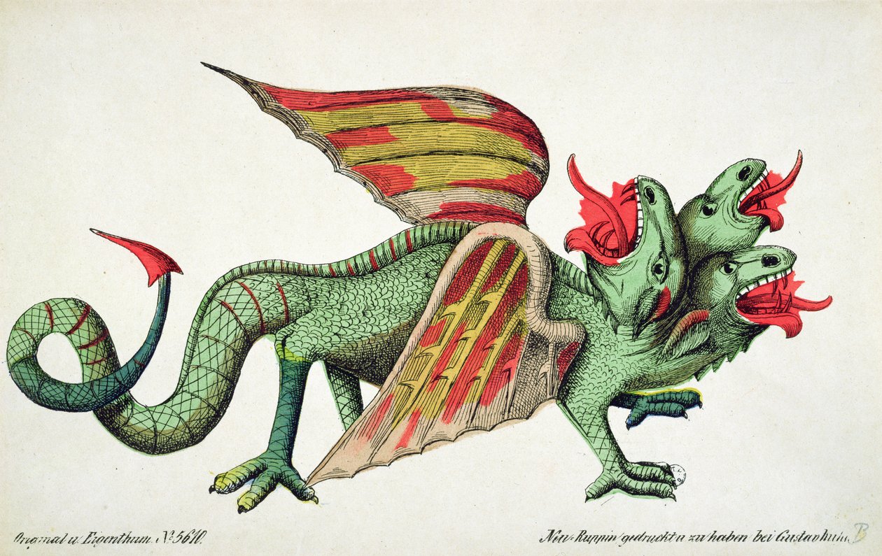Three headed Dragon spitting fire by German School