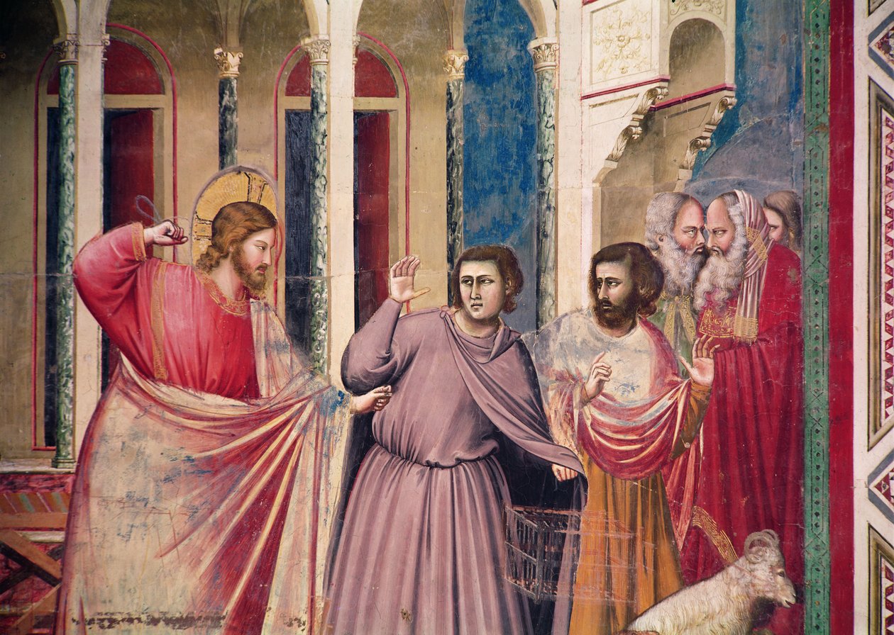 Jesus Chasing the Merchants from the Temple, detail of Christ and Two Merchants (detail) by Giotto di Bondone