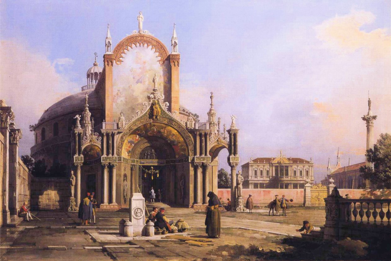 Capriccio of a Round Church with an Elaborate Gothic Portico in a Piazza, a Palladian Piazza and a Gothic Church Beyond by Giovanni Antonio Canal