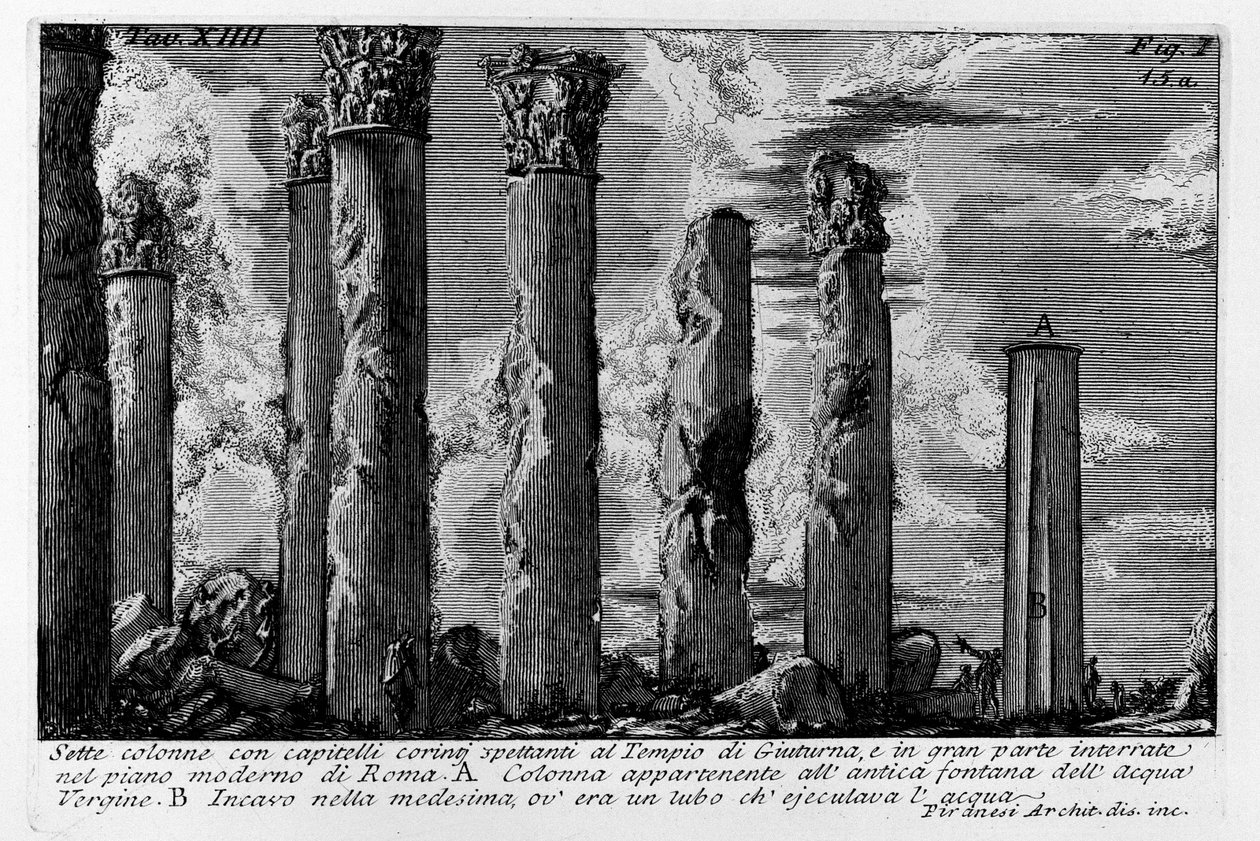 Seven Columns with Corinthian Capitals Belonging to the Temple of Juturna, Mostly Buried in the Modern Ground of Rome by Giovanni Battista Piranesi