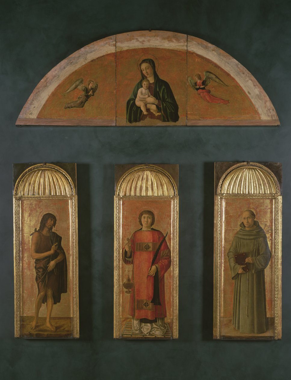 St. Lawrence between John the Baptist and St. Anthony of Padua, in the lunette Madonna and Child with Angels by Giovanni Bellini