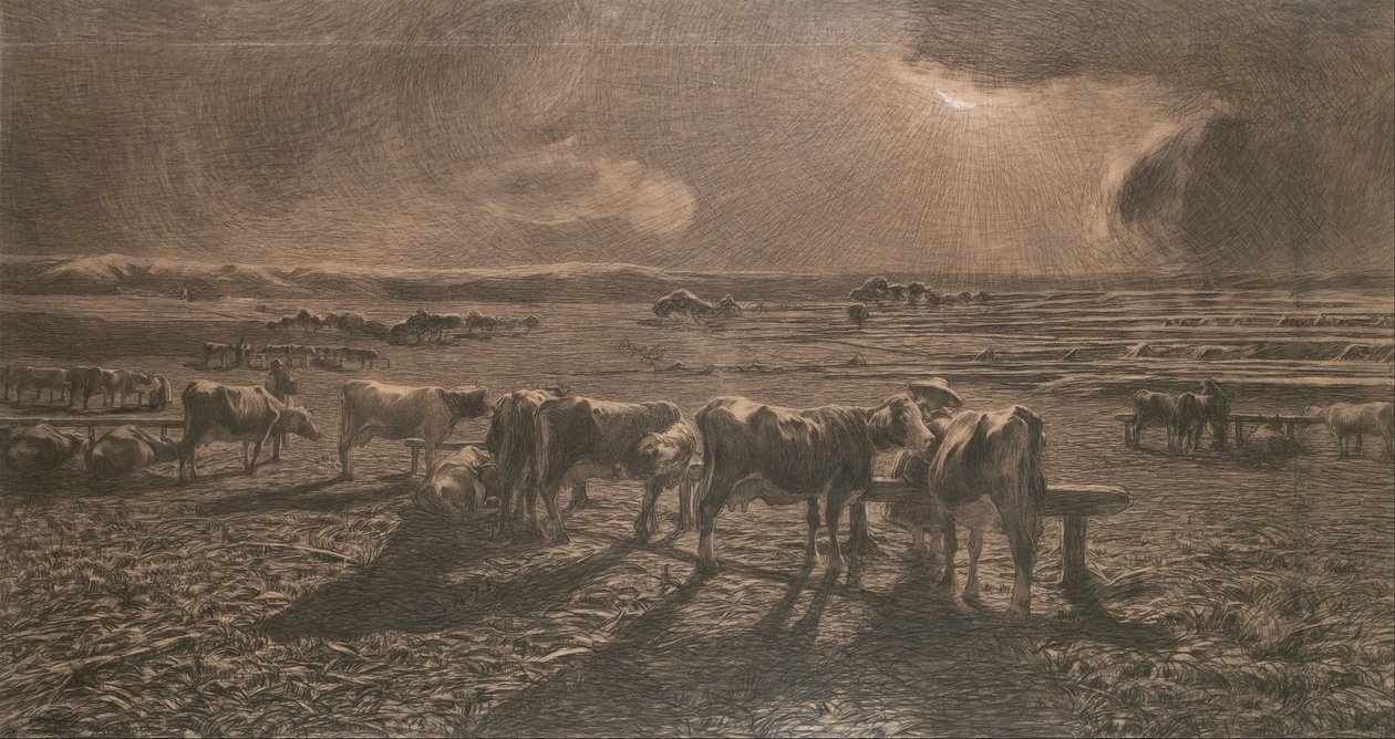 Evening (Grazing, Alla stanga) by Giovanni Segantini