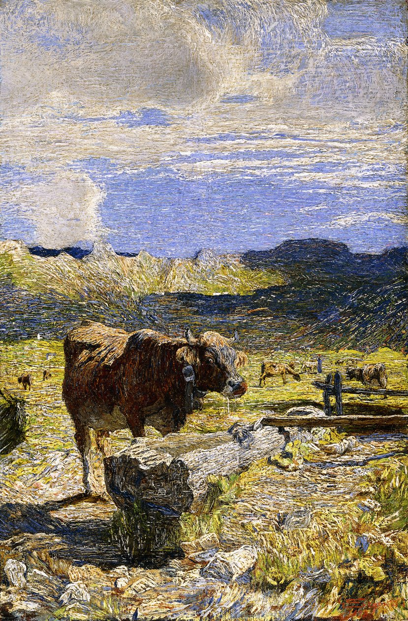 Brown Cow Drinking from a Trough by Giovanni Segantini
