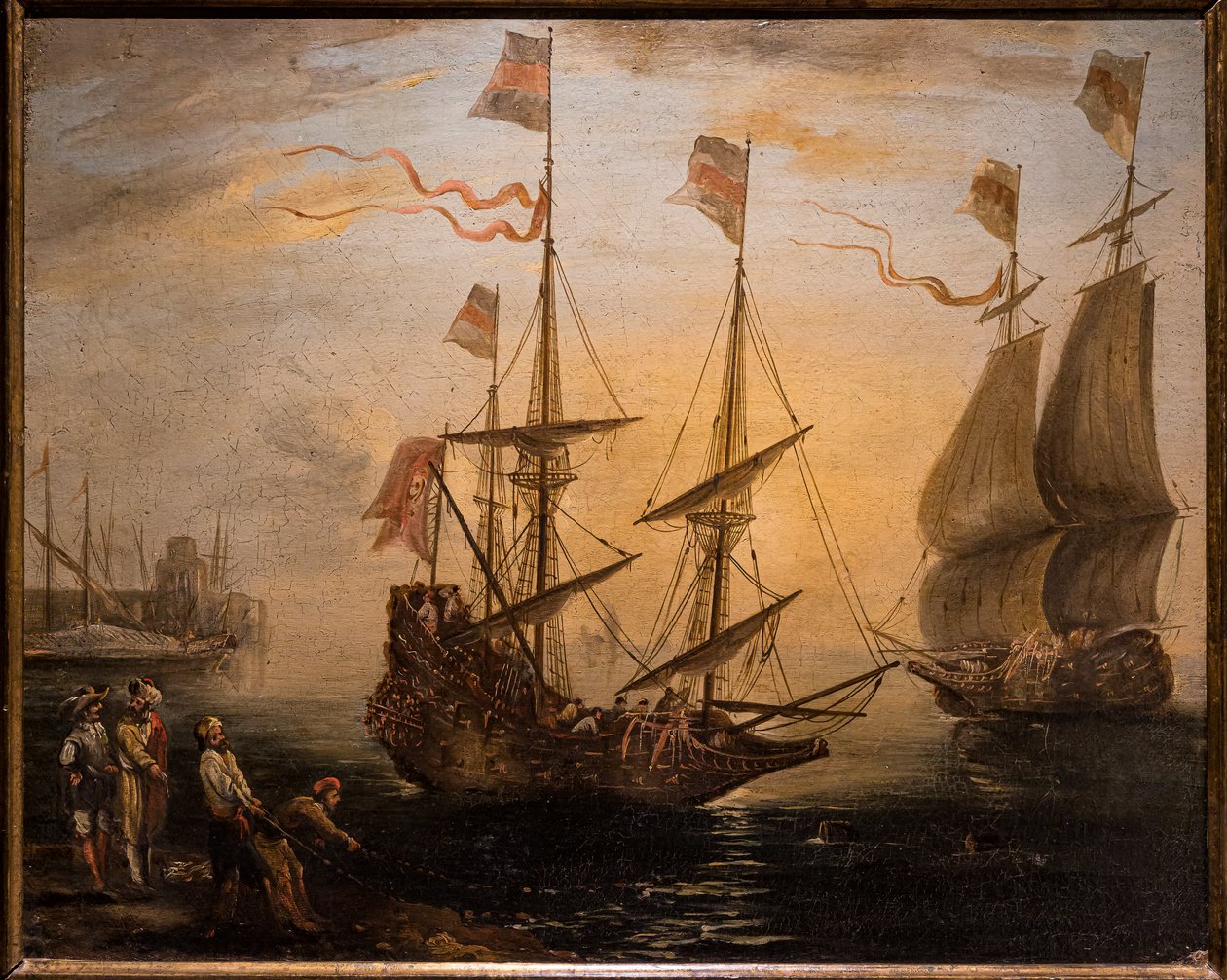 Marina and two sailing ships by Giovanni Signorini