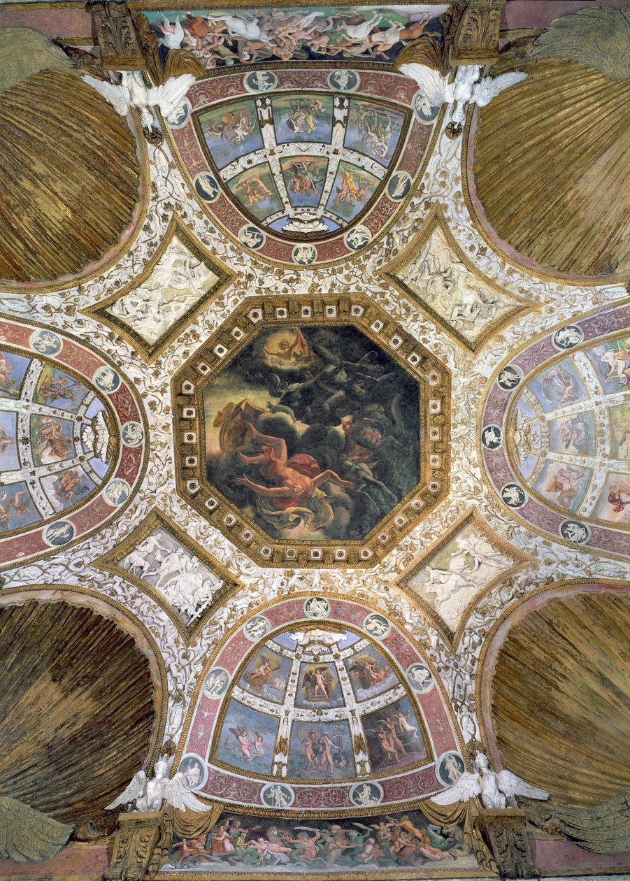 Camera delle Aquile, ceiling with the Fall of Icarus in the central panel surrounded by stucco decoration of putti and lunettes with mythological scenes, 1528 by Giulio Romano