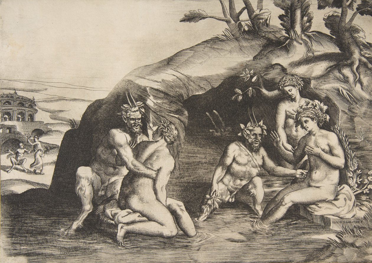 Nymphs and Satyrs bathing by Giulio Bonasone