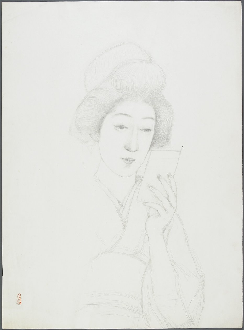 Drawing of a Woman Holding Mirror by Goyo Hashiguchi