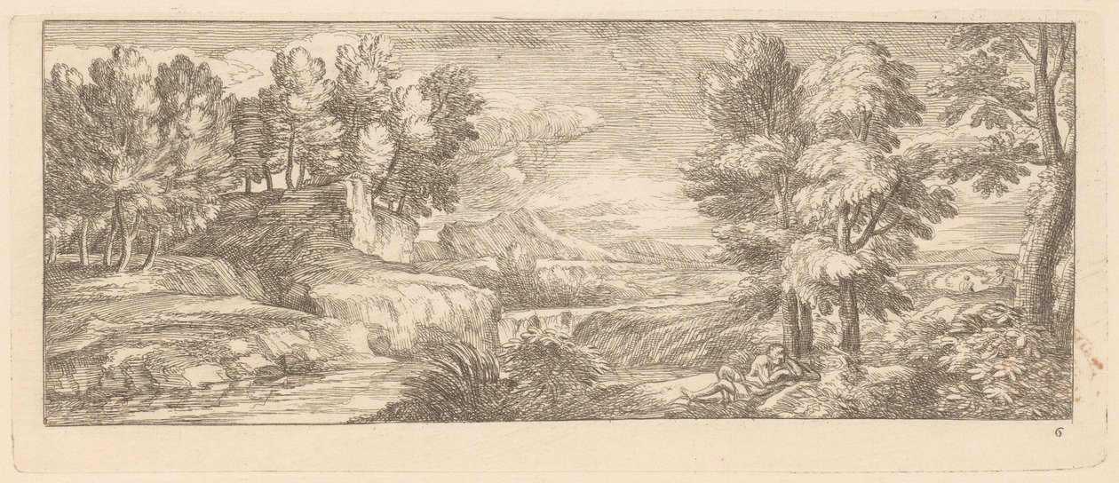 River Landscape with Resting Figures by Gérard Audran