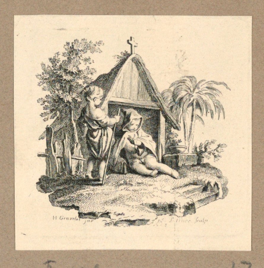 Two Figures in Front of Structure with Cross by Gravelot