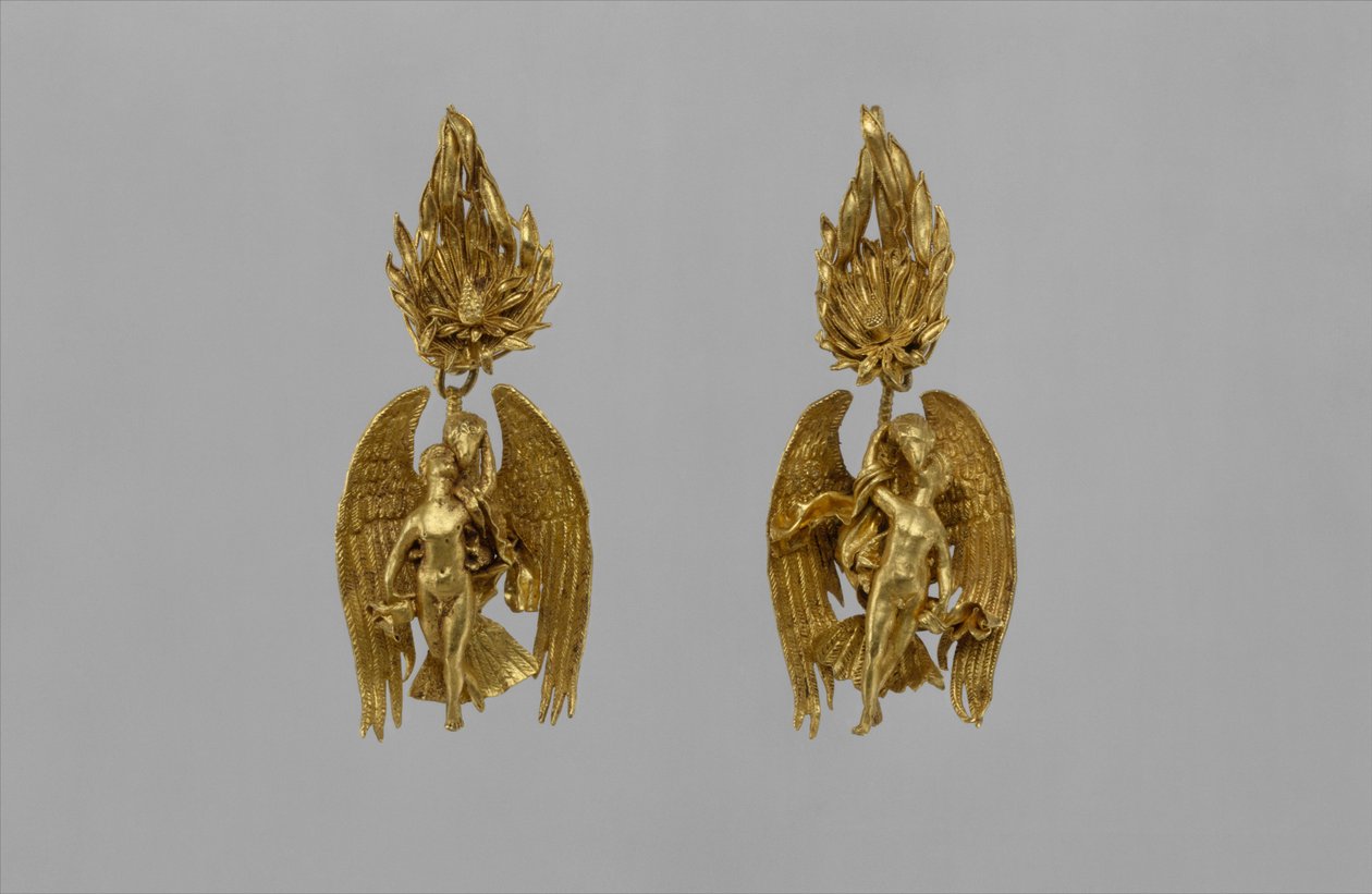 Pair of Gold Earrings with Ganymede and the Eagle by Greek