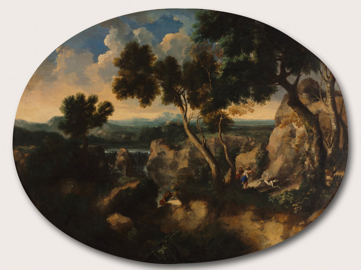 Rocky Landscape with Hunters by Gu Tianzhi