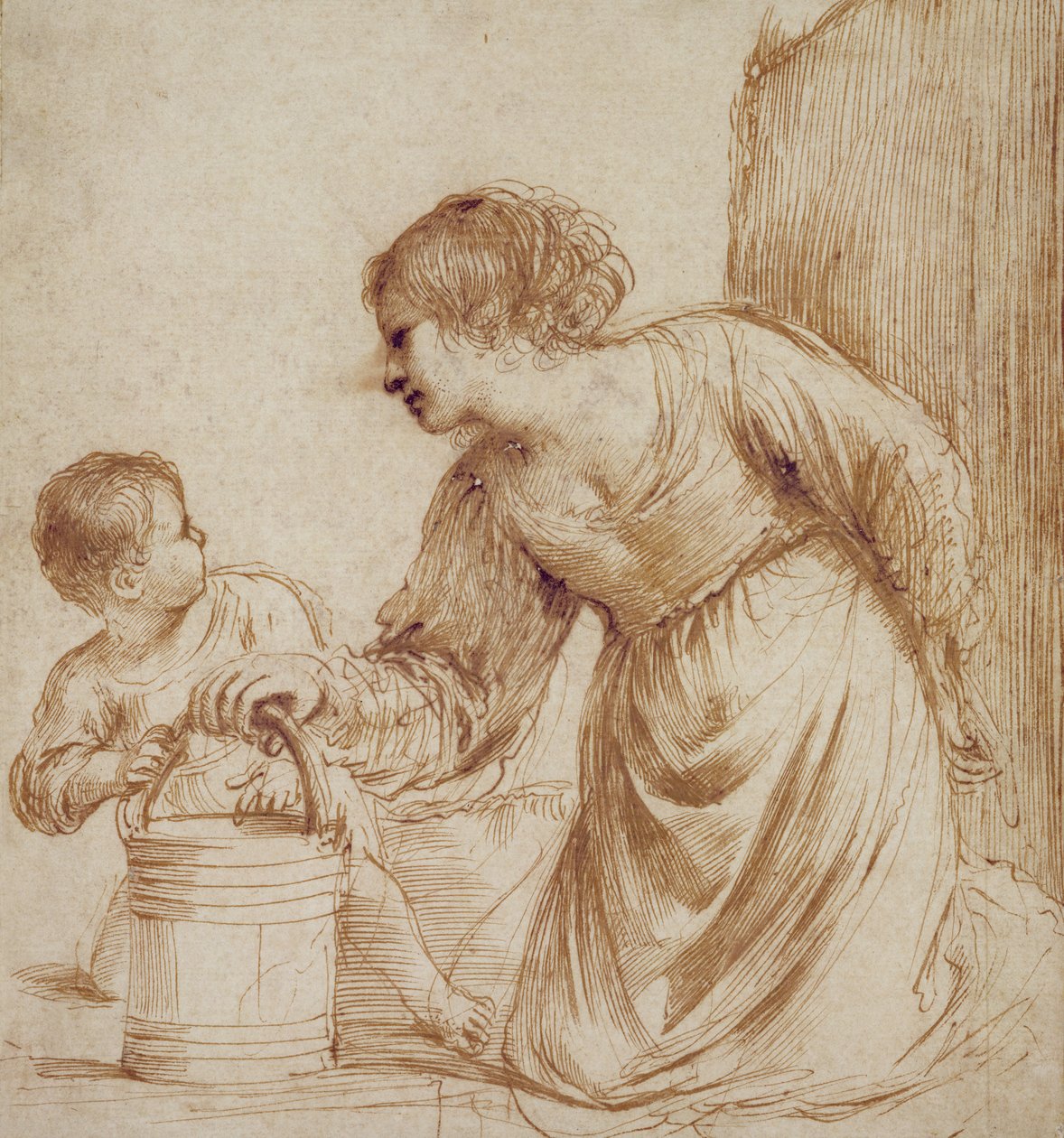Mother and Child with Pail by Giovanni Francesco Barbieri