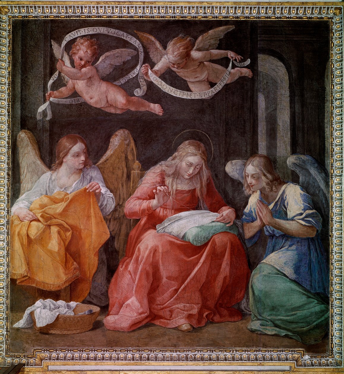 The virgin sewing with two angels by Guido Reni