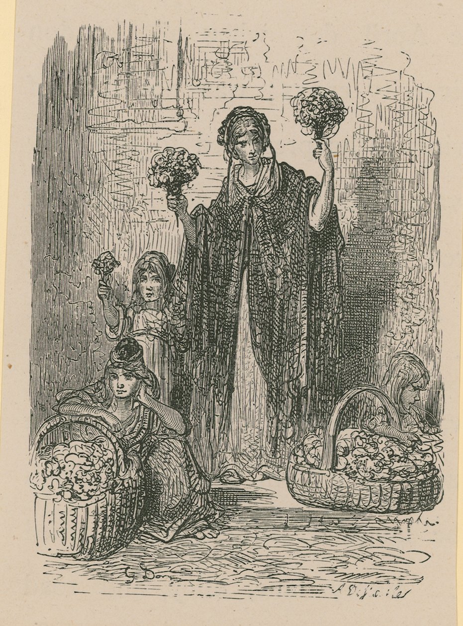 A Group of Young Women Selling Flowers from Baskets by Gustave Dore