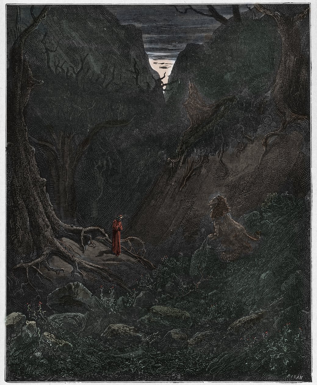 Inferno, Canto 1: The lion suddenly confronts Dante (illustration from The Divine Comedy) by Gustave after Dore