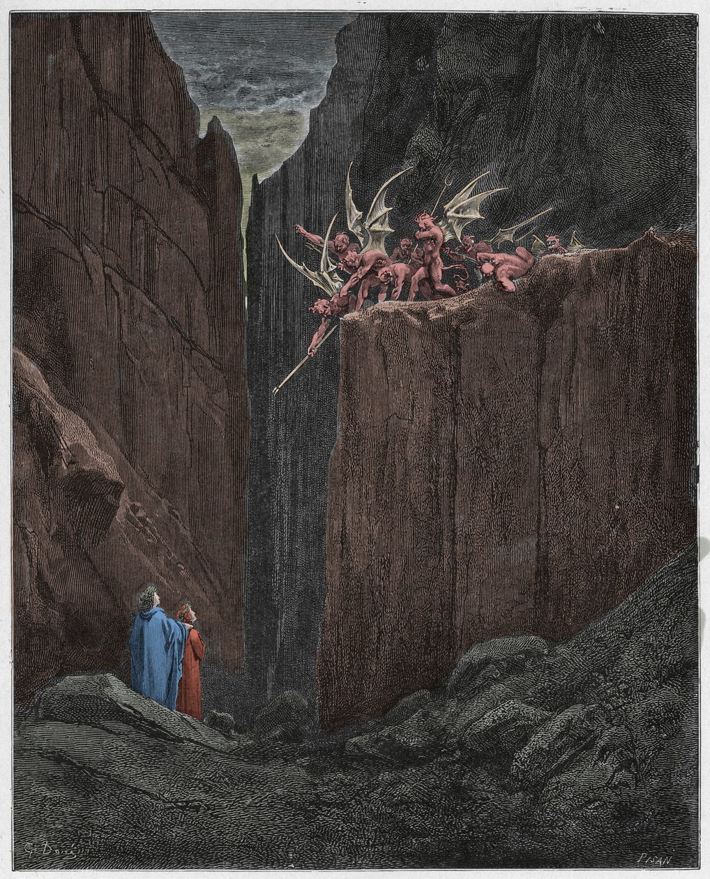 Inferno, Canto 23: The poets escape the demons of the fifth bolgia (illustration from The Divine Comedy) by Gustave after Dore