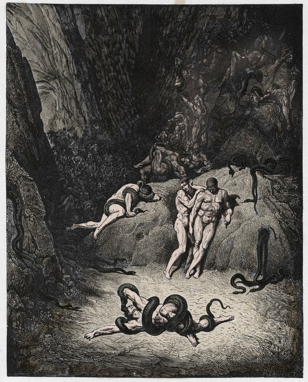 Inferno, Canto 25: Agnello transforming into a serpent (illustration from The Divine Comedy) by Gustave after Dore