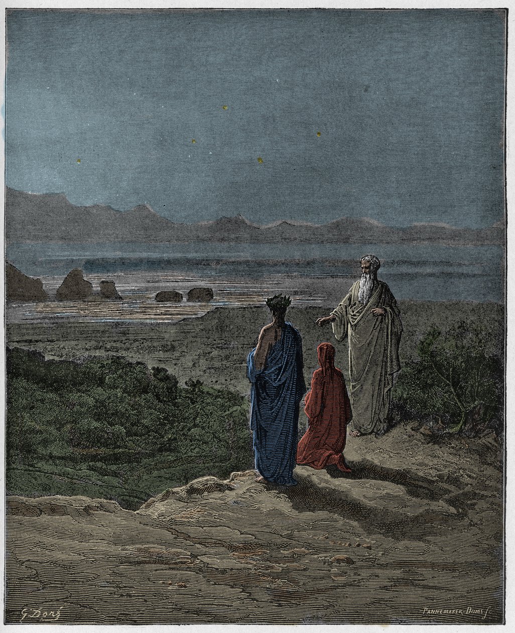 Purgatorio, Canto 1: Dante kneels before Statius (illustration from The Divine Comedy) by Gustave after Dore