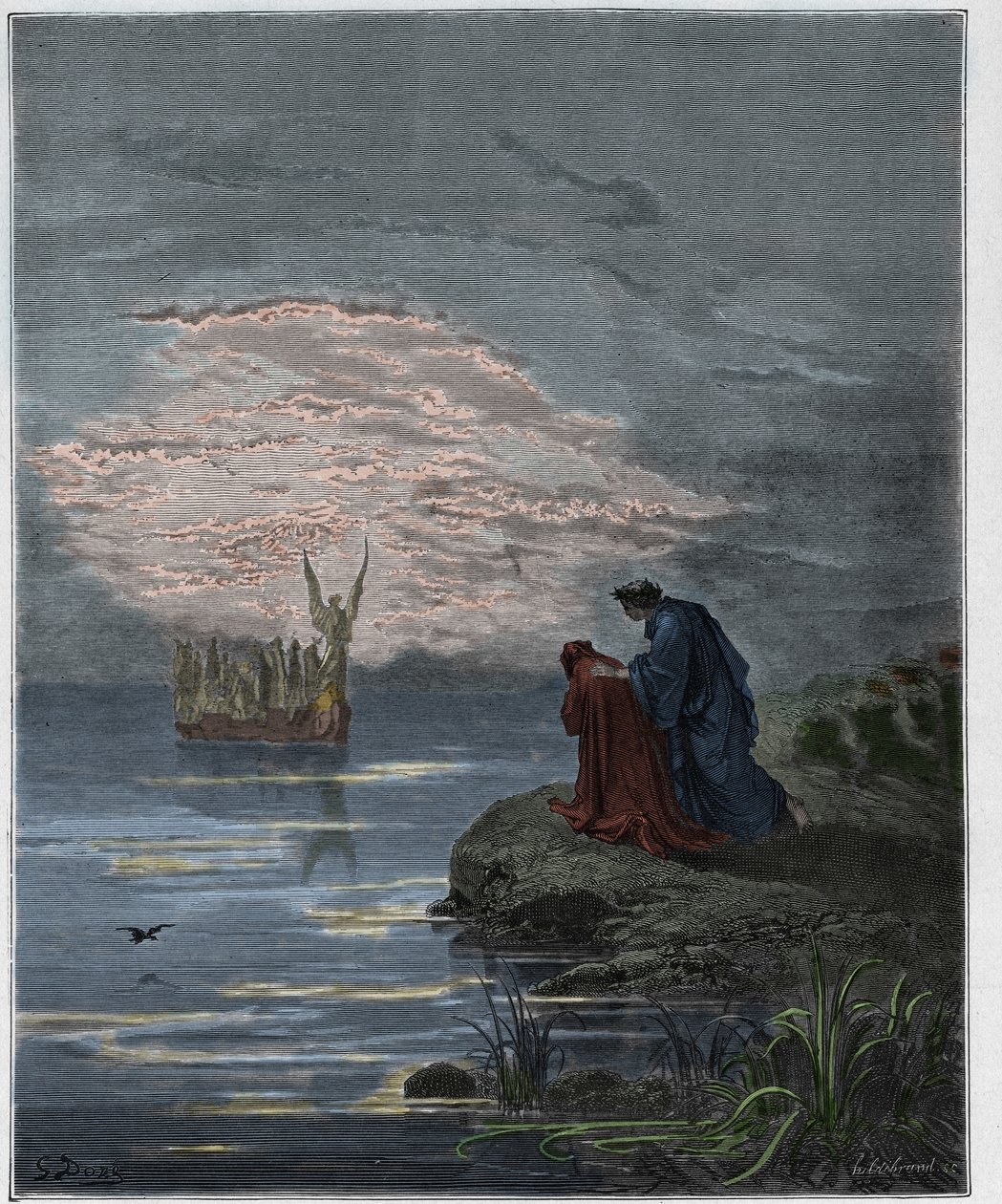 Purgatorio, Canto 2: Dante bows before the angel pilot (illustration from The Divine Comedy) by Gustave after Dore