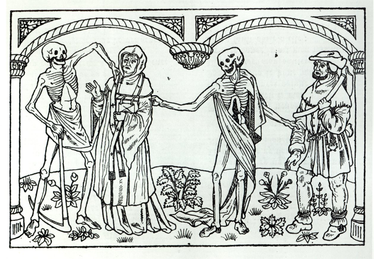 Death taking the Priest and the Peasant, from the Danse Macabre, published Paris, 1485 by Guy Marchant