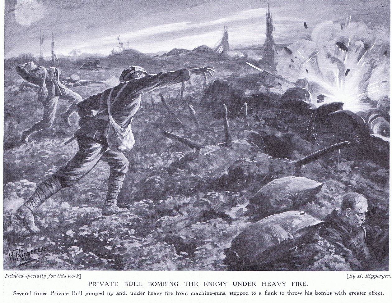 Private Bull throwing back the enemy