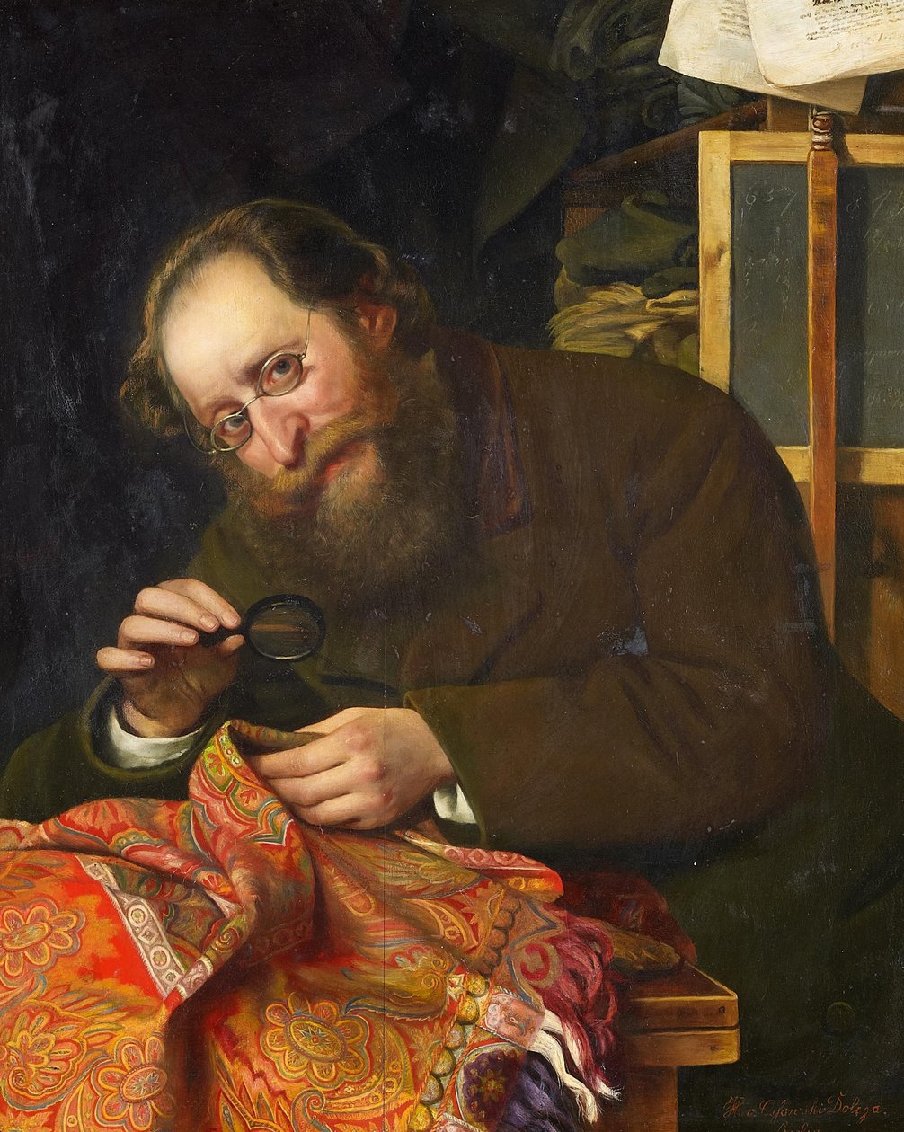 Portrait of a Bearded Man Studying a Tapestry with a Magnifying Glass by H. von Ossowski Dolega