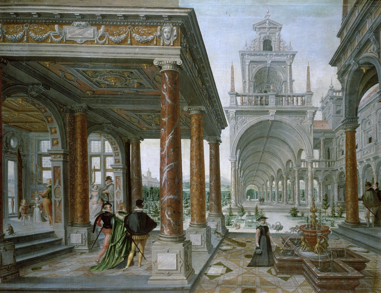 Cappricio of Palace Architecture with Figures Promenading by Hans or Jan Vredeman de Vries