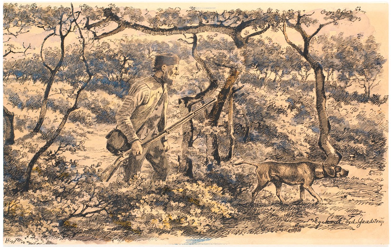 Poacher with Dog in Forest by Hans Smidth