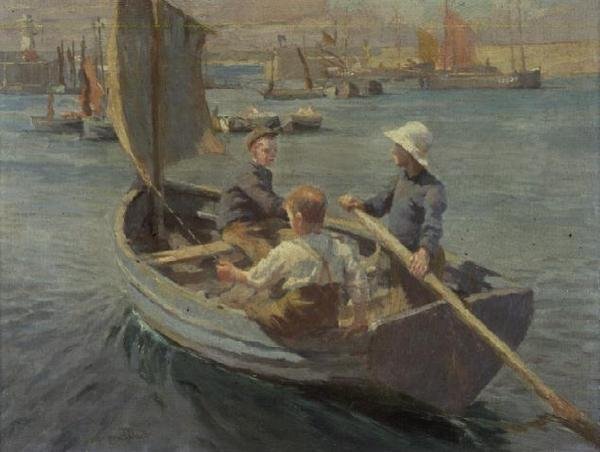 Sailing in Newlyn Harbour by Harold Harvey