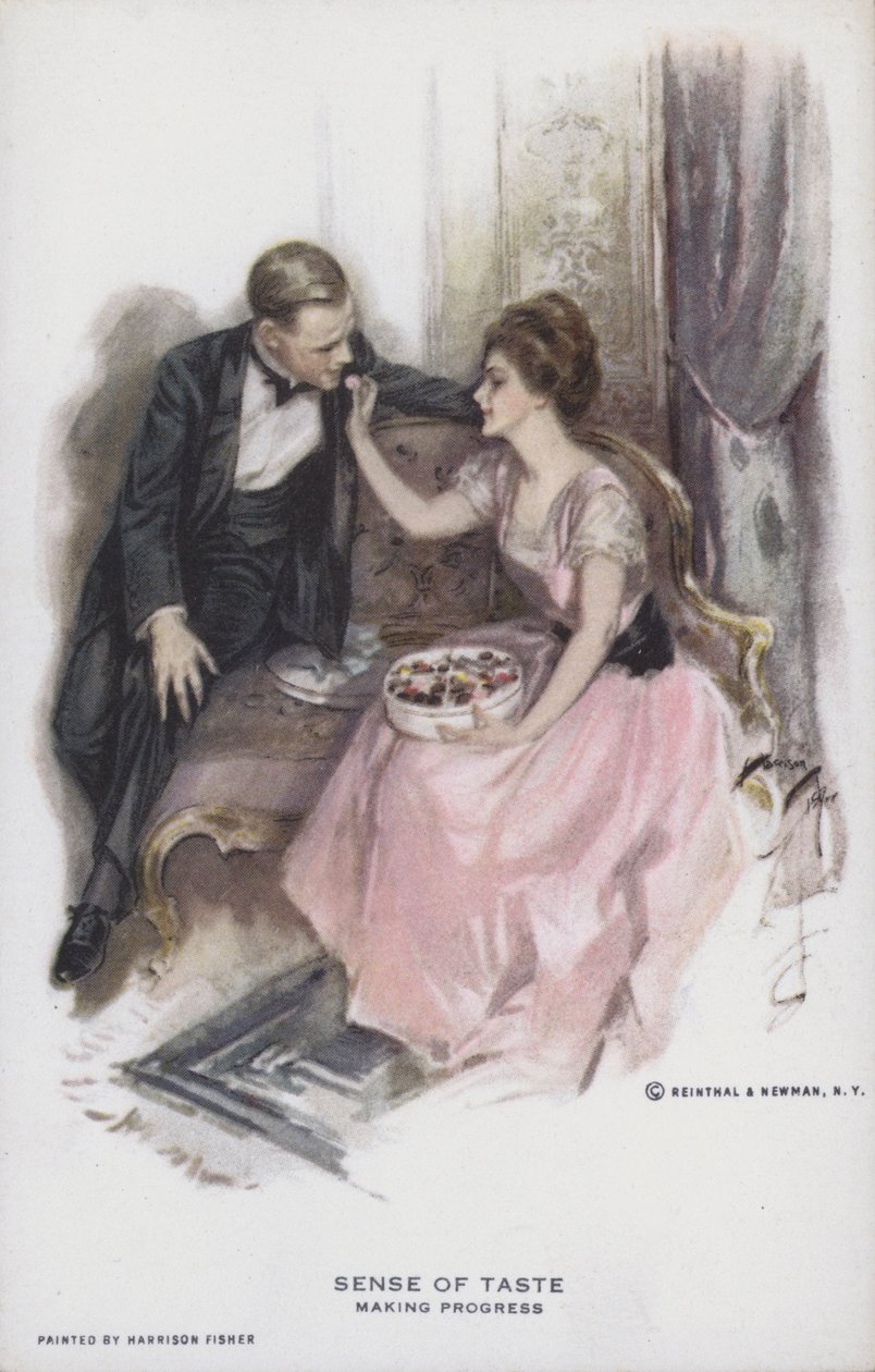 Sense of Taste - Making Progress: Couple Eating a Box of Chocolates by Harrison Fisher