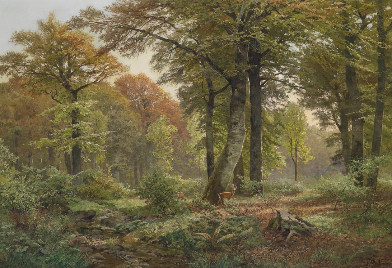 Small Forest Clearing with Deer by Heinrich Bohmer