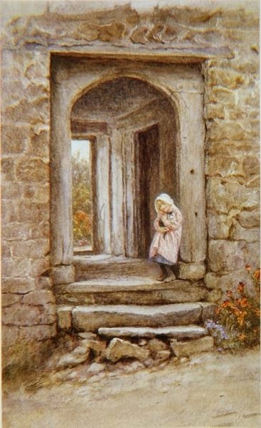 Girl with kitten by Helen Allingham