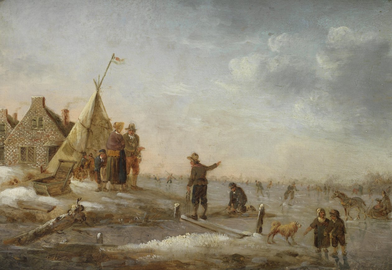 Winter Landscape with Figures Skating Before a Village by Hendrik Willem Schweickhardt