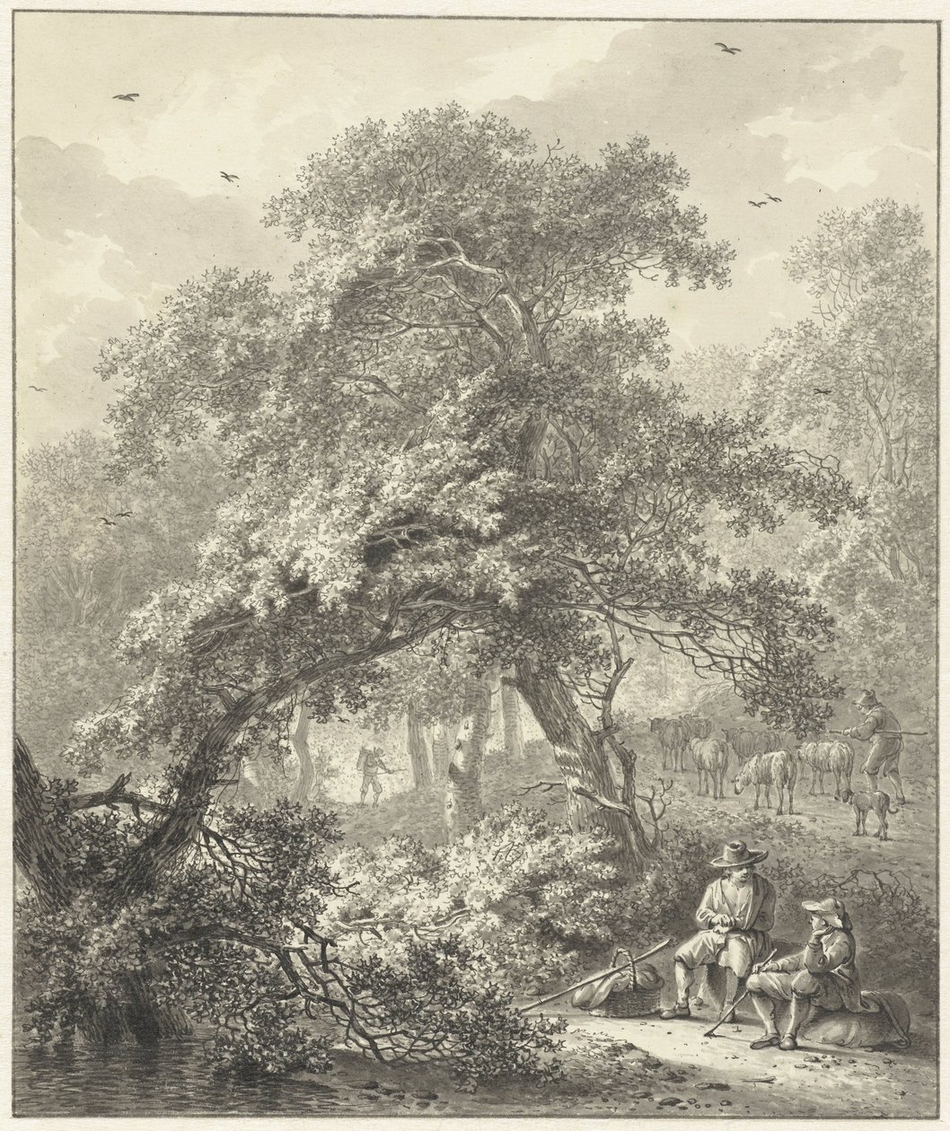 Forest scene with resting travelers under a tree by Hendrik Meijer