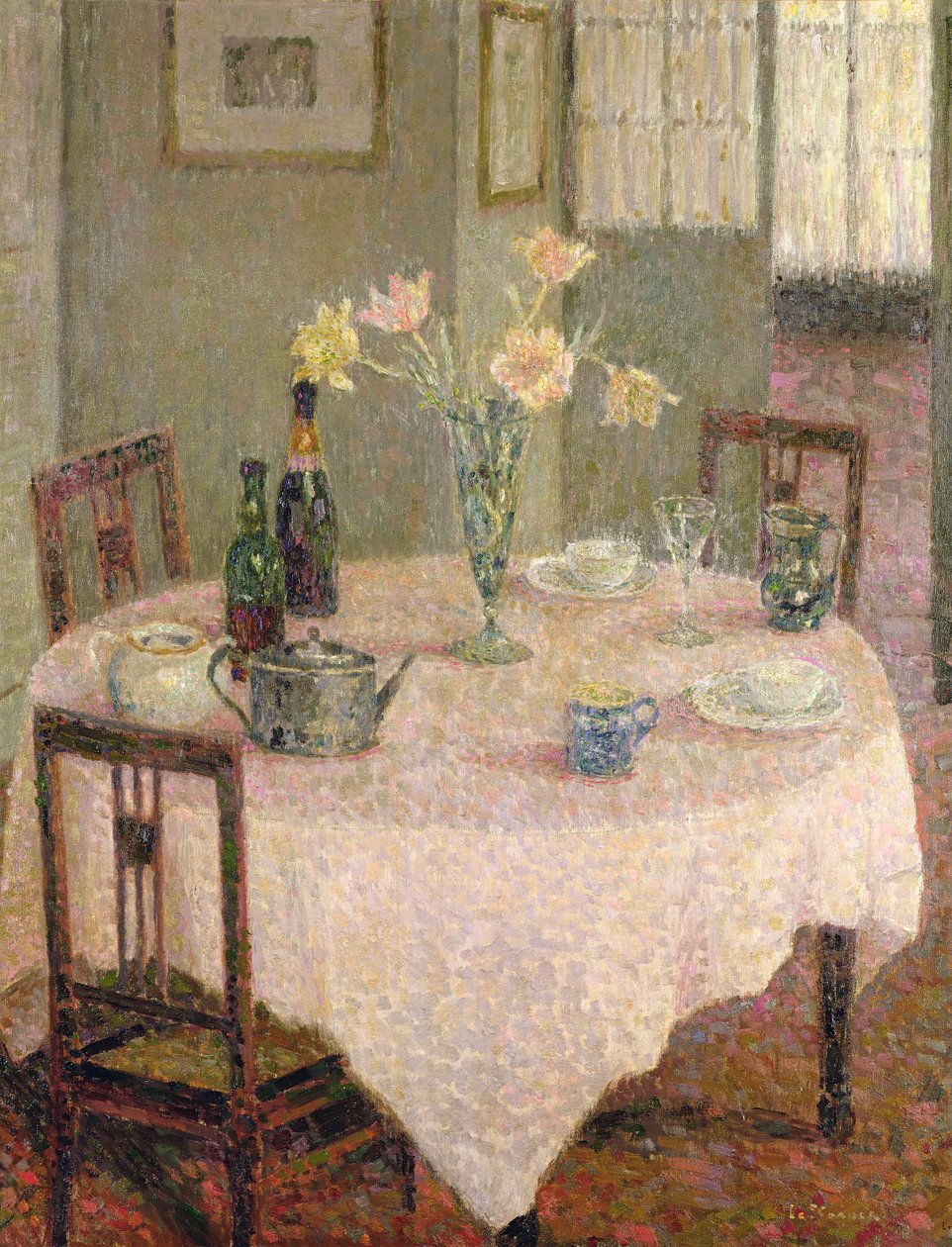 Interior with a Pink Tablecloth by Henri Eugene Augustin Le Sidaner