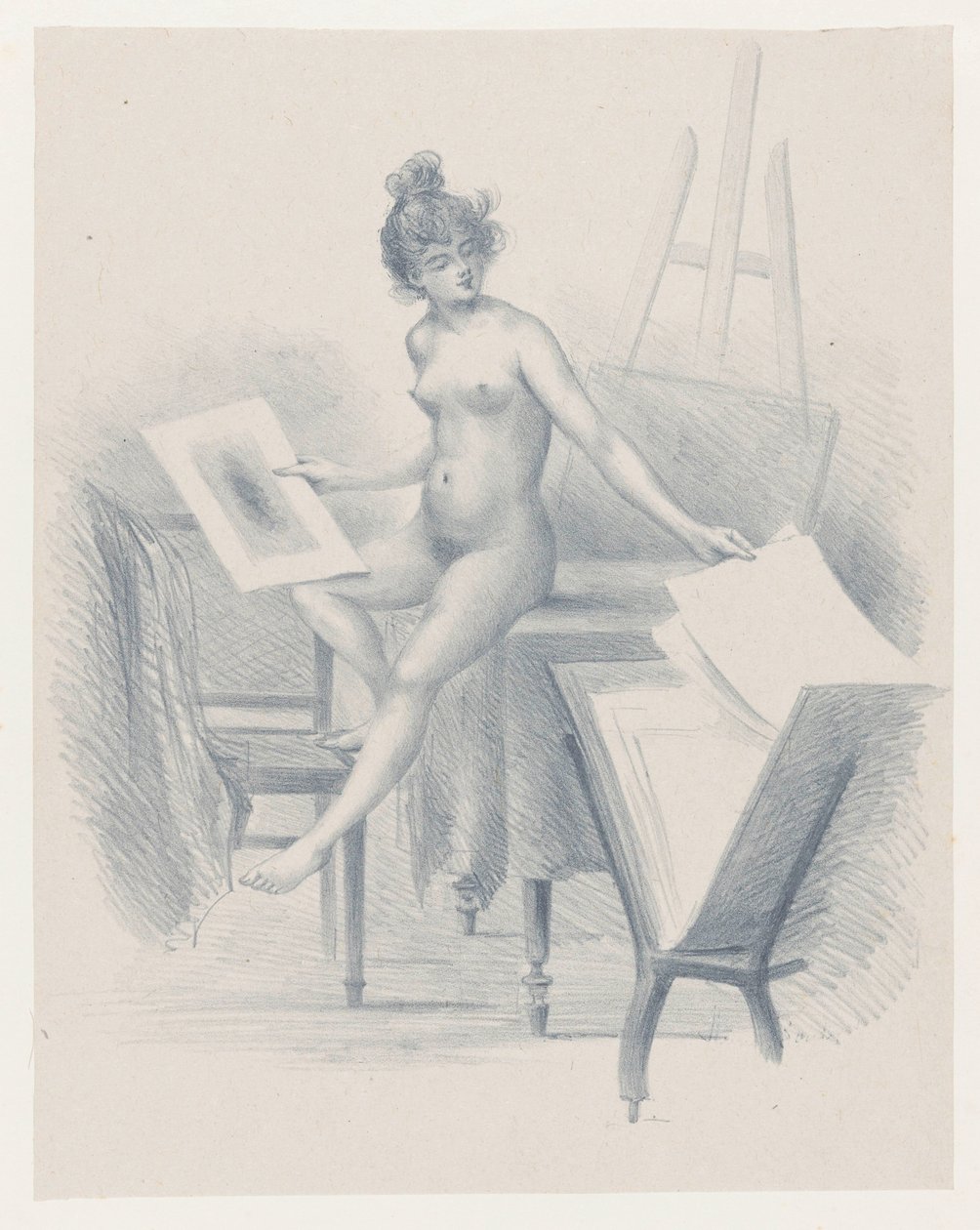 Nude Model Looking at Prints by Henri Boutet