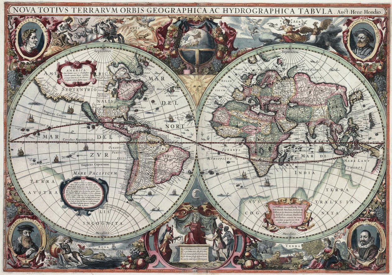 New Geographical and Hydrographical Map of the Whole World by Henricus Hondius II