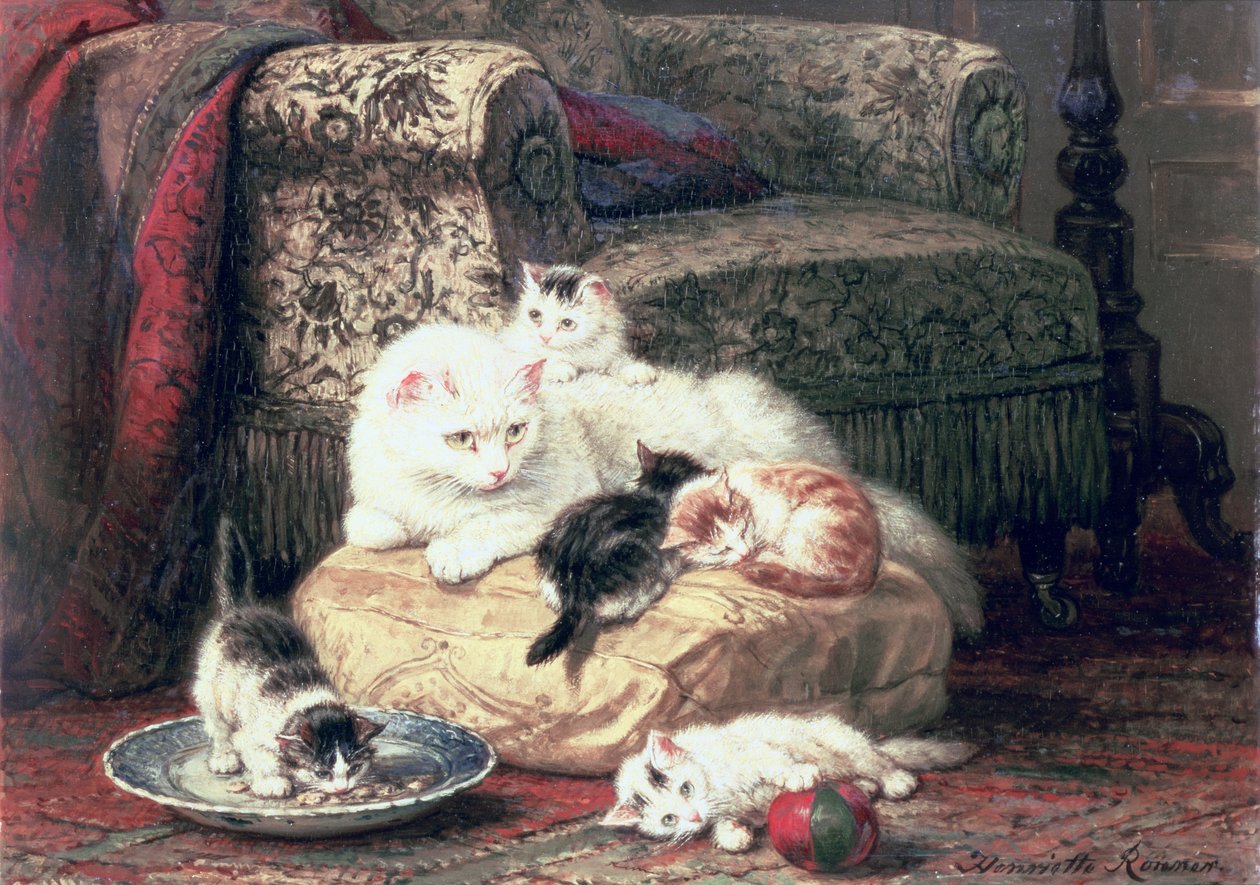 Cat with Her Kittens on a Cushion by Henriëtte Ronner Knip