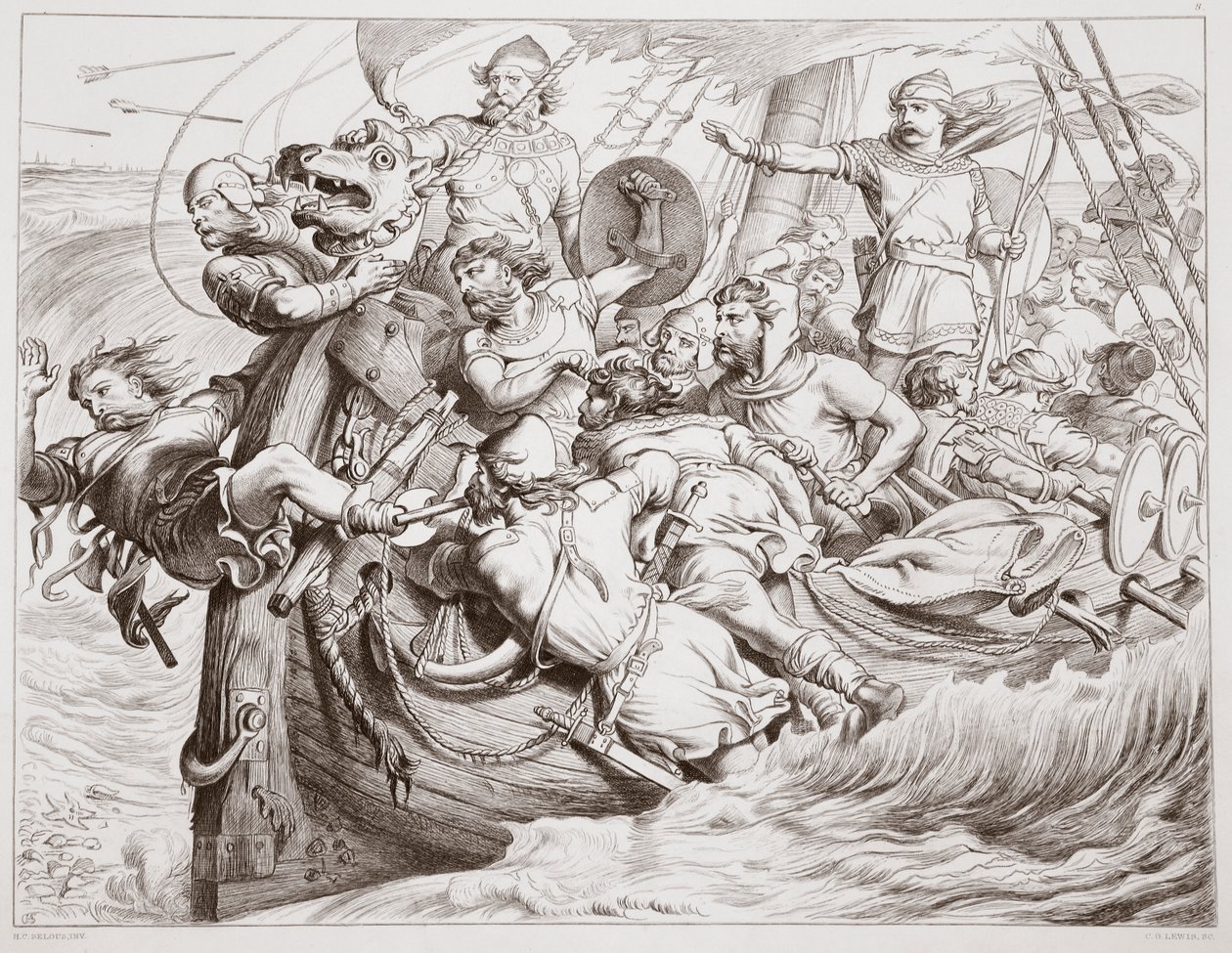 How Hereward runs his ship upon the Flanders shore, illustration from Hereward the Great by Charles Kingsley, pub. 1870 by Henry Courtney Selous