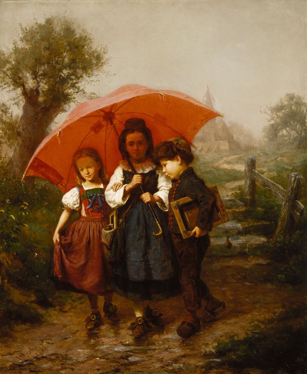 Children under a Red Umbrella by Henry Mosler