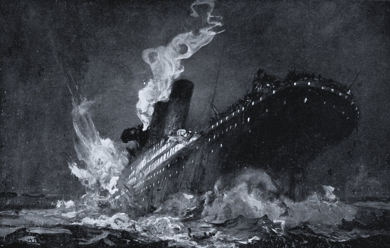 RMS Titanic of the White Star Line sinking after hitting an iceberg in the North Atlantic by Henry Reuterdahl