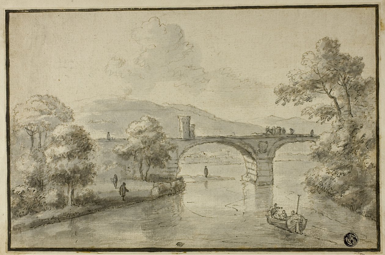River with Arched Bridge and Boat by Herman van Swanevelt