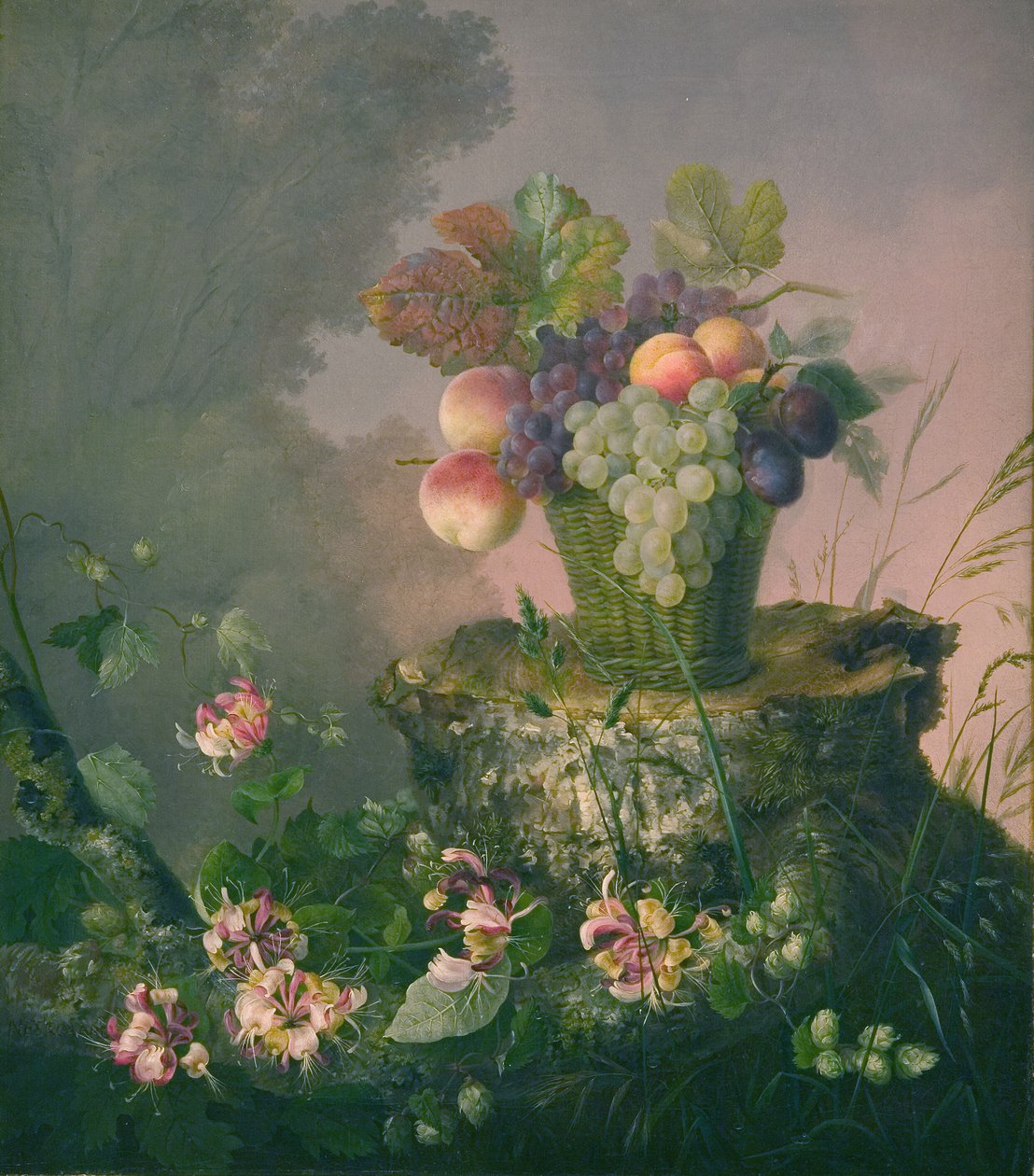 Flower Basket with Fruit by a Tree Stump by Hermania Neergaard