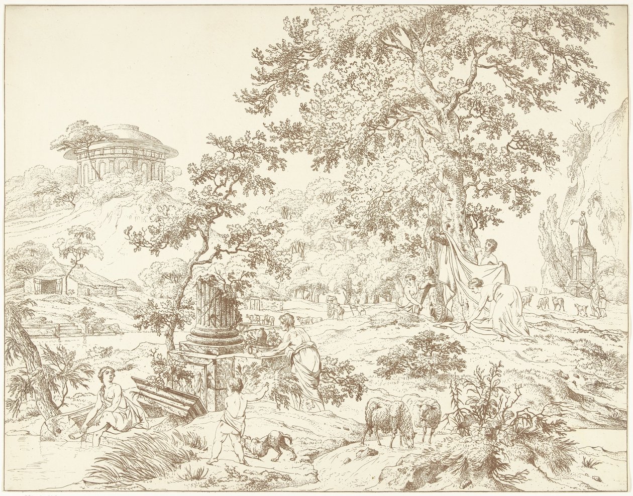 Arcadian Landscape with Bathing Woman by Hermanus Fock