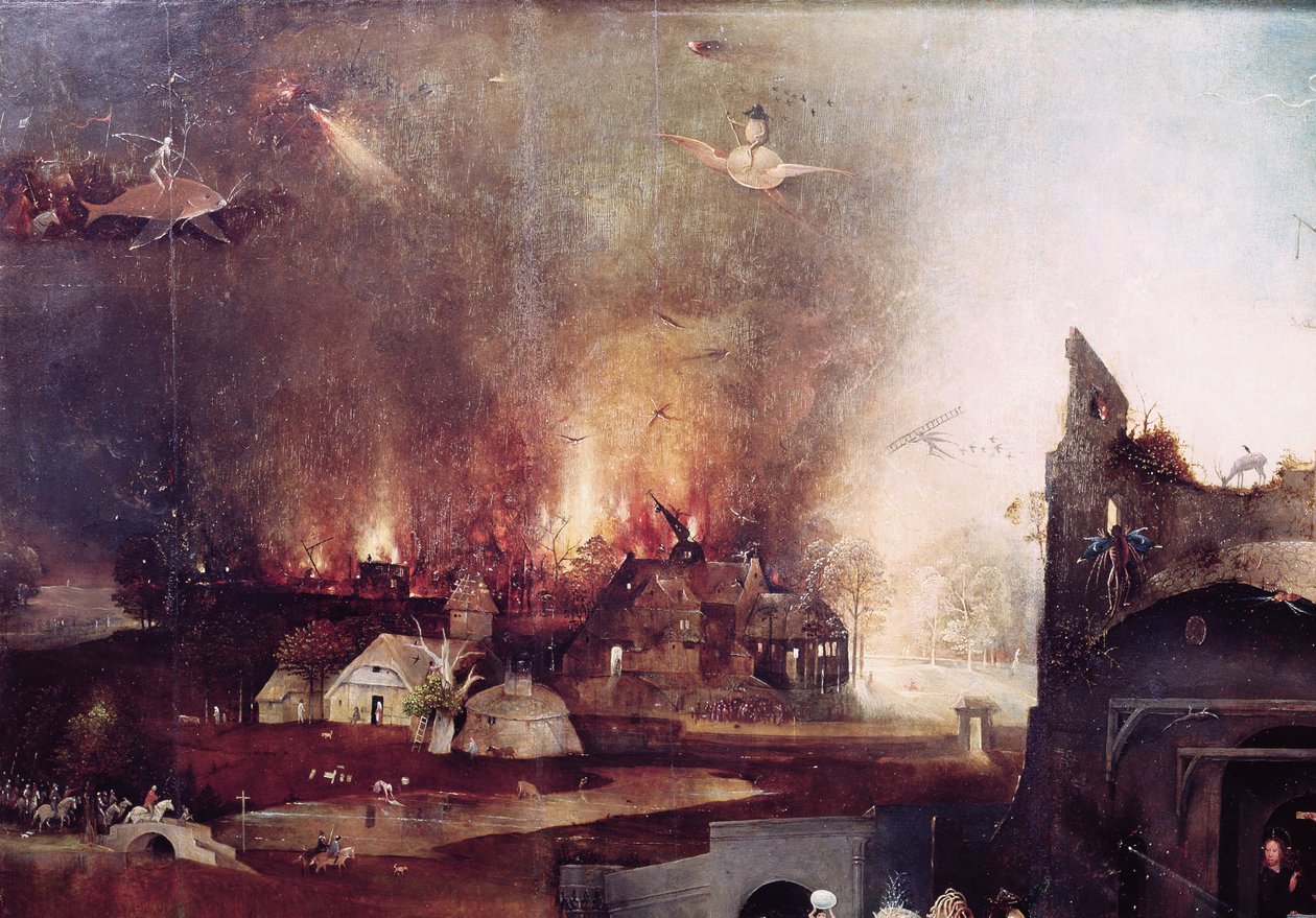Detail of the village on fire, from the central panel of the Temptation of St. Anthony (detail) by Hieronymus Bosch