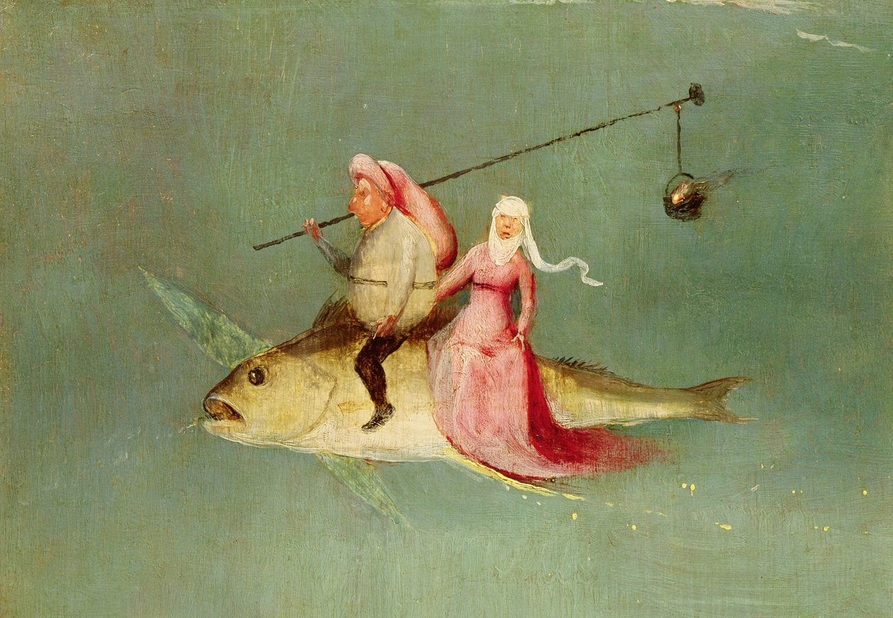 The Temptation of St. Anthony, right hand panel, detail of a couple riding a fish by Hieronymus Bosch